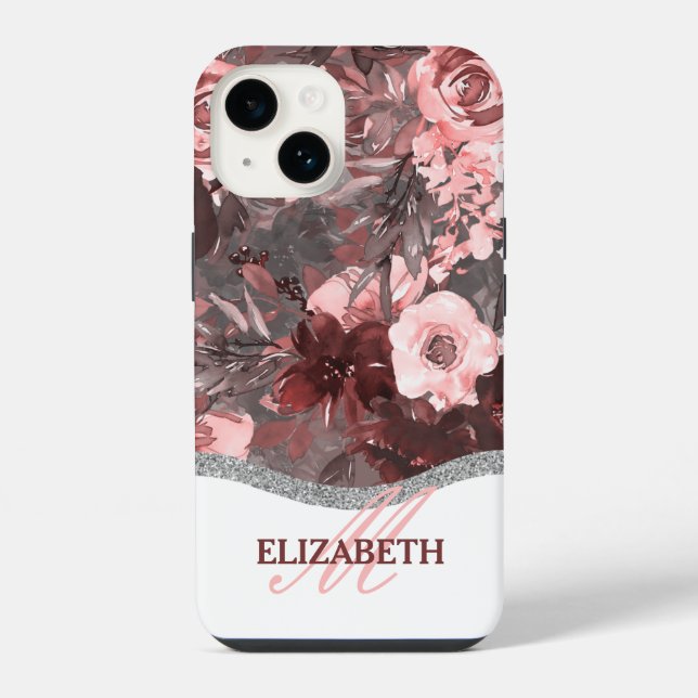Boho-Wasserfarben-Blumenmuster - Rosa Monogramm iPhone 14 Hülle (Rückseite)