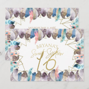 Boho-Wasserfarben-Federn Gold Sweet 16 Einladungen