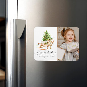 Boho-Wasserfarben-Weihnachtsschlitten-Foto Magnet