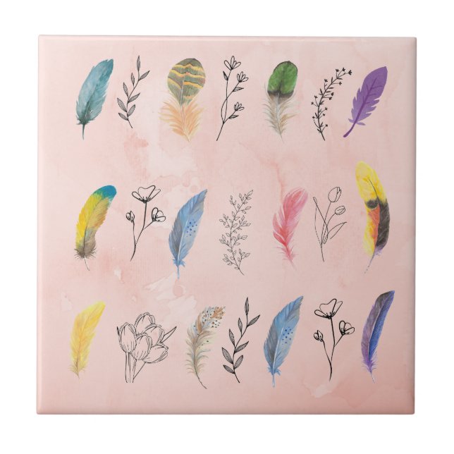 Boho-Wasserfarbenfedern mit floralen Linienzeichnu Fliese (Vorderseite)