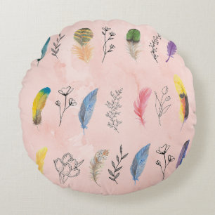 Boho-Wasserfarbenfedern mit floralen Linienzeichnu Rundes Kissen