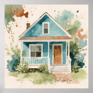 Boho Watercolor Aquamarin Blue House Poster