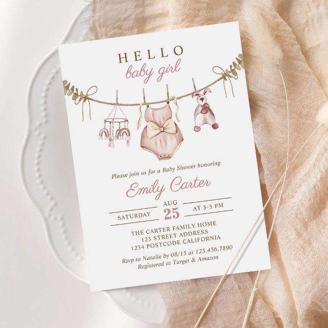 Boho Watercolor Baby Clothes Girl Babydusche Einladung (Von Creator hochgeladen)