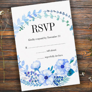 Boho Watercolor Blue Floral Wedding Carte RSVP