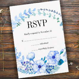 Boho Watercolor Blue Floral Wedding RSVP Card Karte