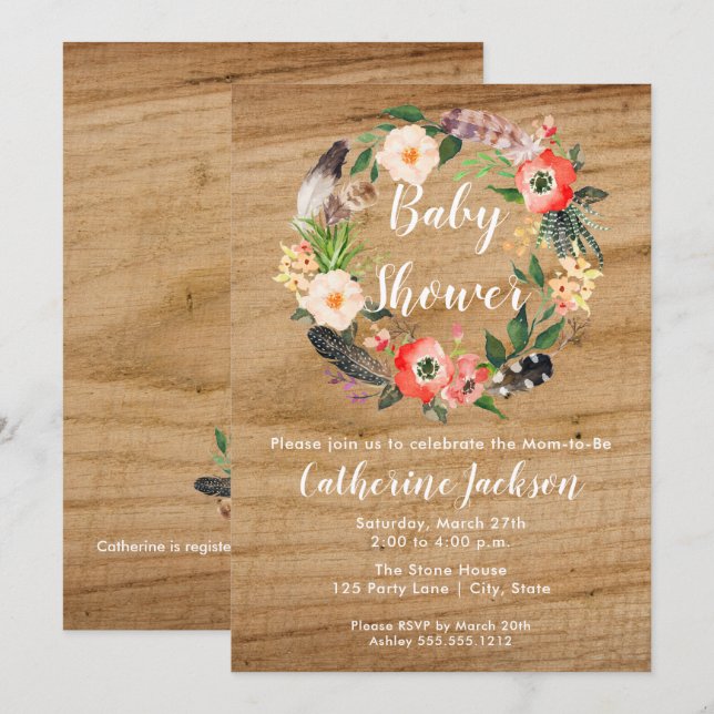 Boho Watercolor-Blume | Einladung der Babydusche (Vorne/Hinten)