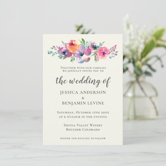 Boho Watercolor Blume Moderne Elegante Hochzeit Einladung (Stehend Vorderseite)