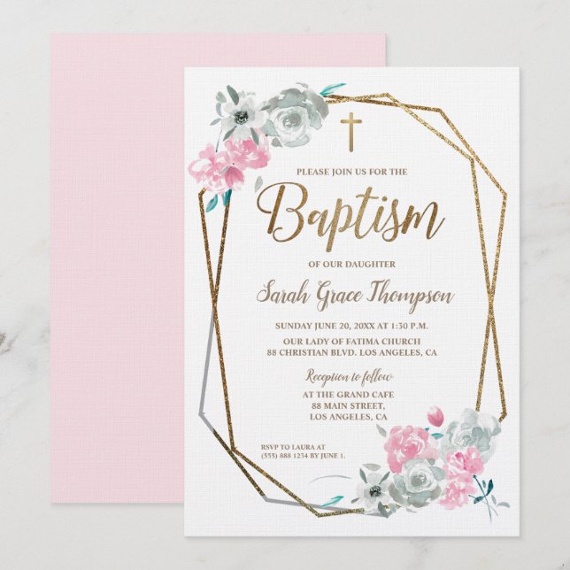 Boho Watercolor-Blumen-Babyrosa Taufe Einladung (Vorne/Hinten)
