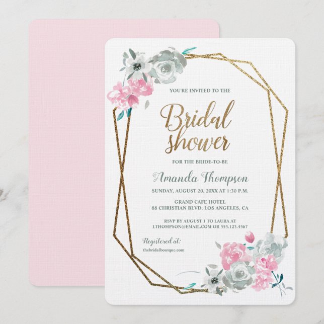 Boho Watercolor Brautparty Pink Gold Einladung (Vorne/Hinten)