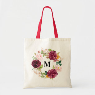 Boho-Watercolor-Burgunder-Blumenkranz-Monogramm Tragetasche