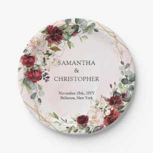 Boho Watercolor burgundy Blütengold Hochzeit Pappteller