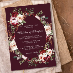 Boho Watercolor Burgundy Red Floral Frame Wedding Einladung