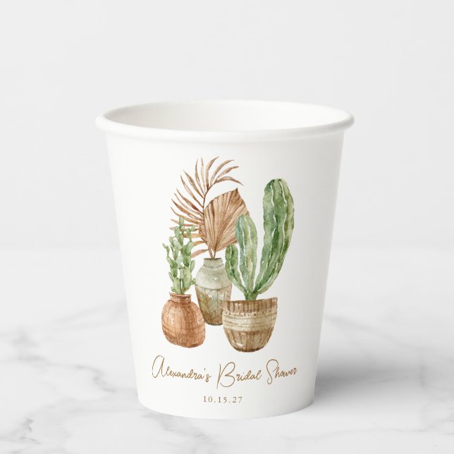 Boho Watercolor Cactus Pampas Pflanze Brautparty Pappbecher (Vorderseite)