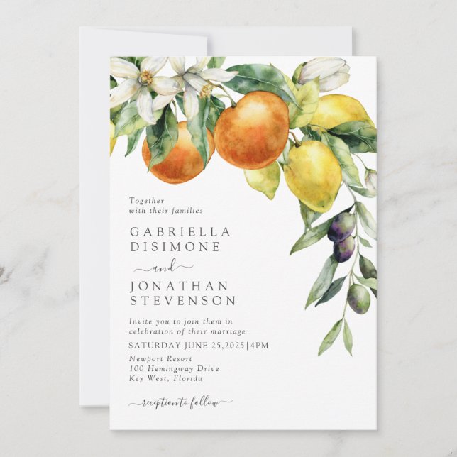 Boho Watercolor Citrus Botanical Wedding Einladung (Vorderseite)