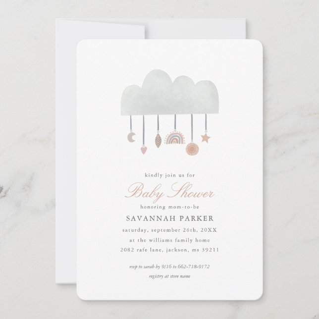 Boho Watercolor Cloud Genre Neutre Invitation (Devant)