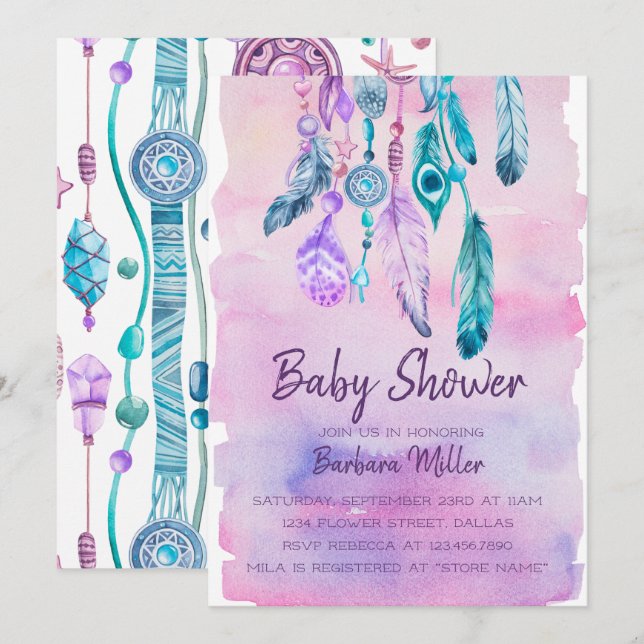 Boho Watercolor Dreamcatcher Babydusche Einladung (Vorne/Hinten)