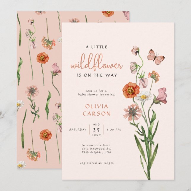 Boho Watercolor Eine kleine Wildblume Kinderdusche Einladung (Vorne/Hinten)