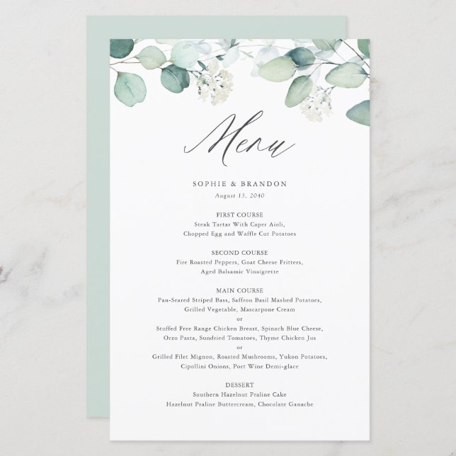 Boho Watercolor Eucalyptus Blätter Menu Card (Vorne/Hinten)