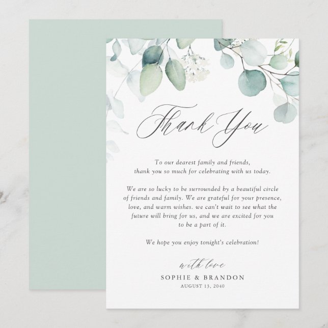 Boho Watercolor Eucalyptus Blätter Wedding Dankeskarte (Vorne/Hinten)