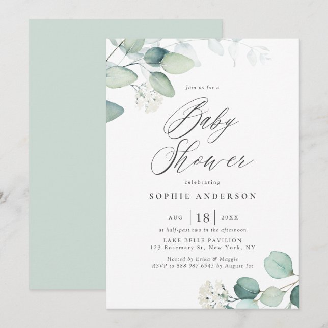 Boho Watercolor Eucalyptus Verlasse Babydusche Einladung (Vorne/Hinten)
