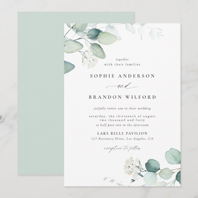 Boho Watercolor Eucalyptus Verlasse Grüne Hochzeit Einladung (Vorne/Hinten)