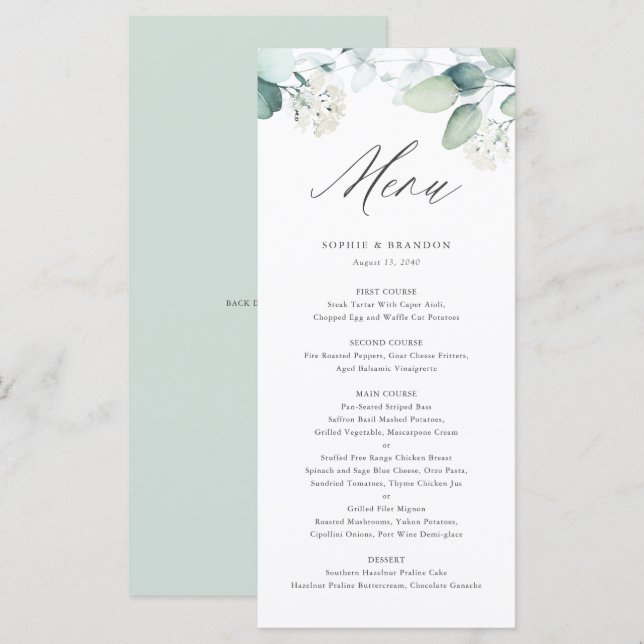 Boho Watercolor Eucalyptus Verlasse Grüne Hochzeit Menükarte (Vorne/Hinten)