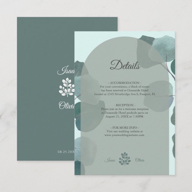 Boho Watercolor Eukalyptus Arch Wedding Details Begleitkarte (Vorne/Hinten)