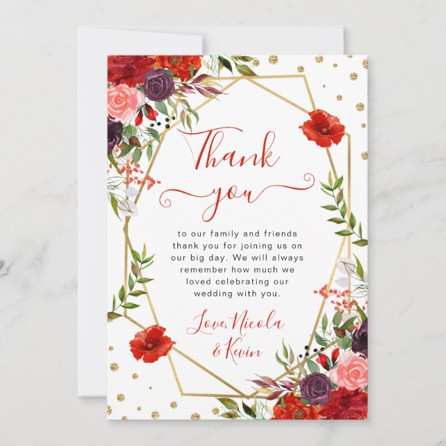 Boho Watercolor Fall Blume Goldrahmen Hochzeit Dankeskarte (Vorderseite)