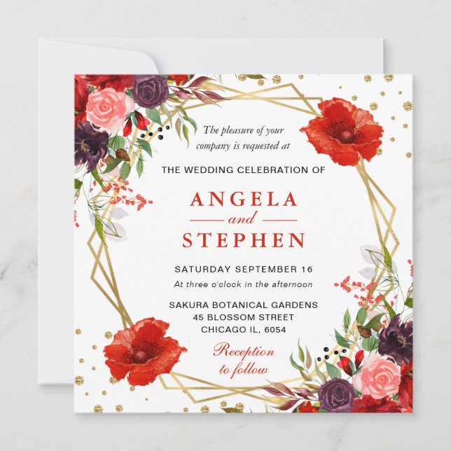 Boho Watercolor Fall Blume Goldrahmen Hochzeit Einladung (Vorderseite)