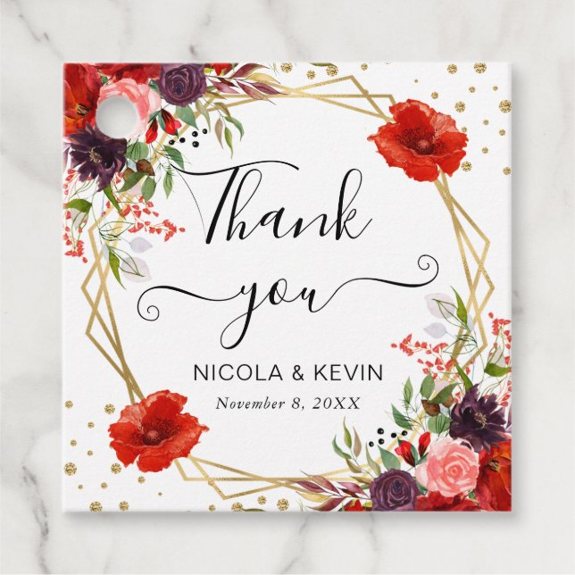 Boho Watercolor Fall Blume Goldrahmen Hochzeit Geschenkanhänger (Vorderseite)