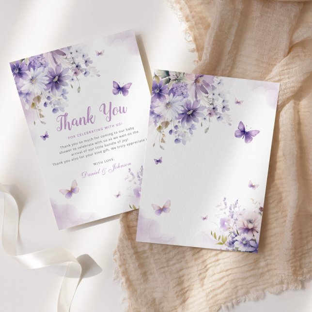 Boho Watercolor Floral Butterfly Girl Babydusche Dankeskarte (Von Creator hochgeladen)