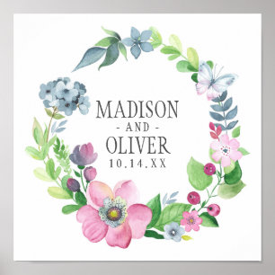 Boho Watercolor Floral & Butterfly   Hochzeit Poster