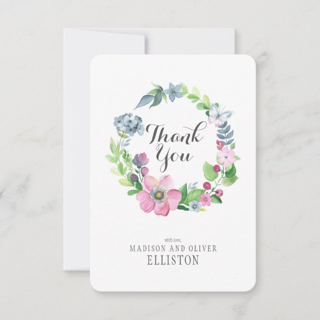 Boho Watercolor Floral & Butterfly | Vielen Dank Dankeskarte (Vorderseite)