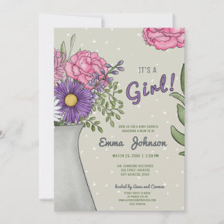 Boho Watercolor Floral Girl Babydusche Einladung