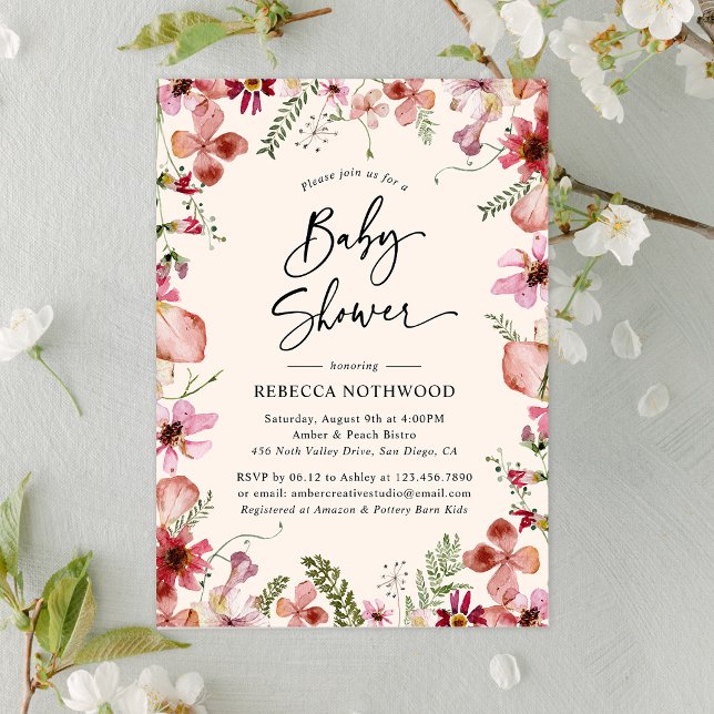 Boho Watercolor Floral Girl Babydusche Einladung (Von Creator hochgeladen)