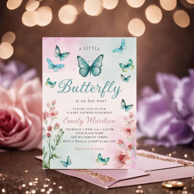 Boho Watercolor Floral Girl Butterfly Babydusche Einladung (Von Creator hochgeladen)
