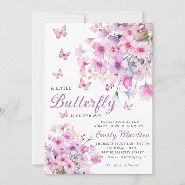 Boho Watercolor Floral Girl Butterfly Babydusche Einladung (Vorderseite)