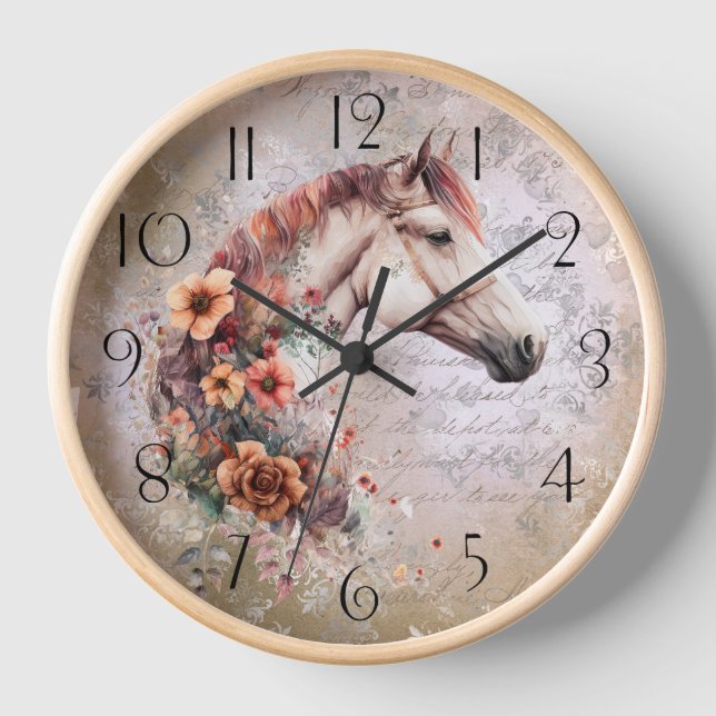 Boho Watercolor Floral Horse Uhr (Vorderseite)