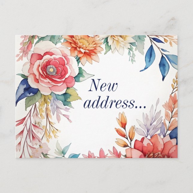 Boho Watercolor Floral New Address Ankündigung Postkarte (Vorderseite)