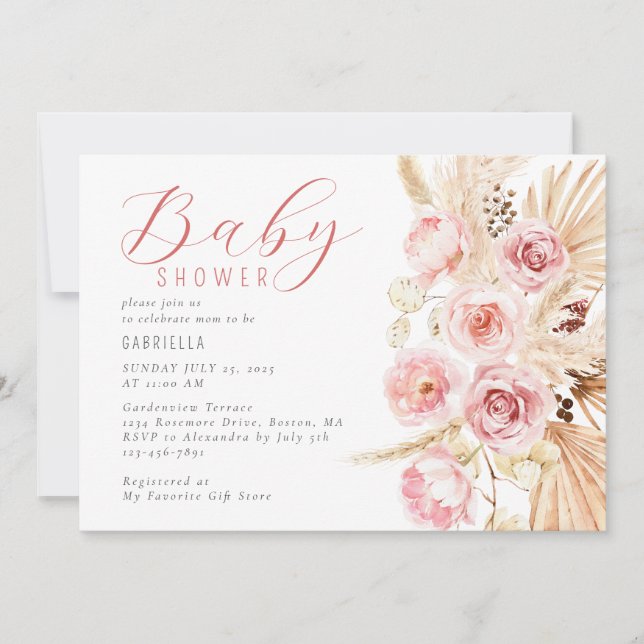 Boho Watercolor Floral Pampas Babydusche Einladung (Vorderseite)