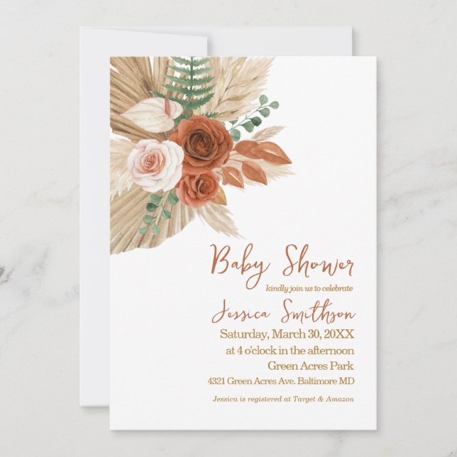 Boho Watercolor Floral Pampas Grass Baby Dusche Einladung (Vorderseite)
