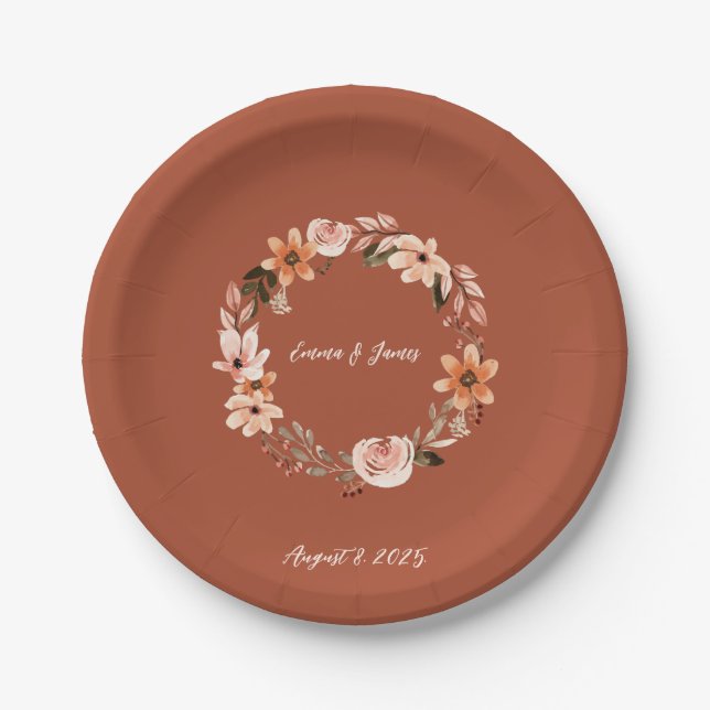 Boho Watercolor Floral Personalisiert Pappteller (Vorderseite)