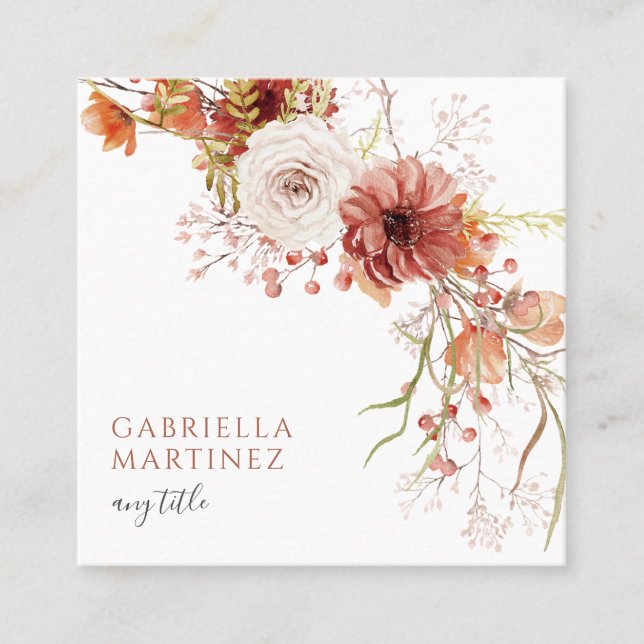 Boho Watercolor Floral  Quadratische Visitenkarte (Vorderseite)