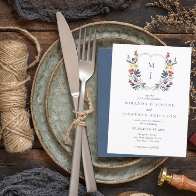 Boho Watercolor Floral Wappen Blue Monogram Weddin Einladung (Von Creator hochgeladen)