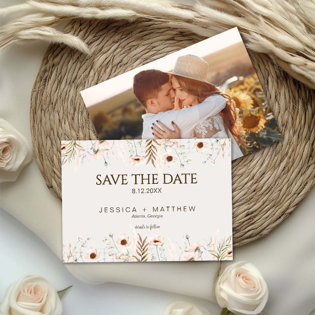 Boho Watercolor Floral Wedding Photo Save The Date (Von Creator hochgeladen)