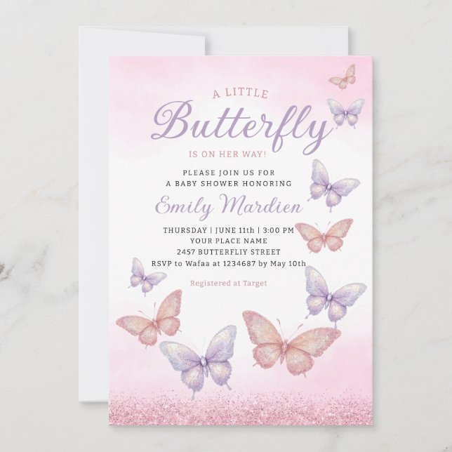 Boho Watercolor Glitzer Butterfly Girl Babydusche Einladung (Vorderseite)