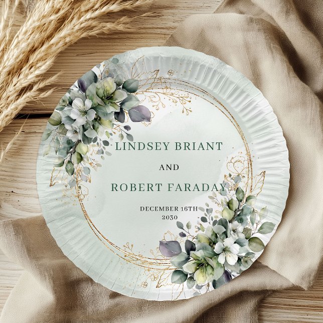 Boho Watercolor Grün Personalisierte Hochzeit   Pappteller (Boho Watercolor Greenery Personalized Wedding Paper Plates)