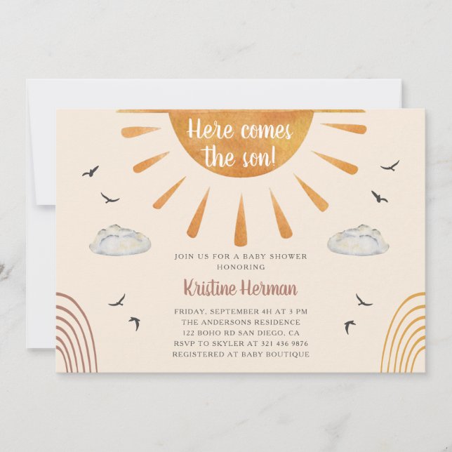 Boho Watercolor hier kommt die Son Baby Dusche Einladung (Vorderseite)