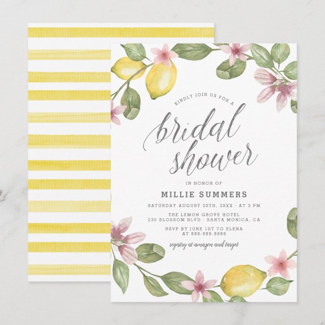 Boho Watercolor Lemon Blossom Wreath Brautparty Einladung (Vorne/Hinten)
