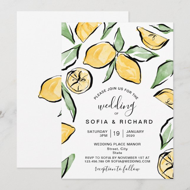 Boho Watercolor Lemon Citrus Greenery Summer Einladung (Vorne/Hinten)